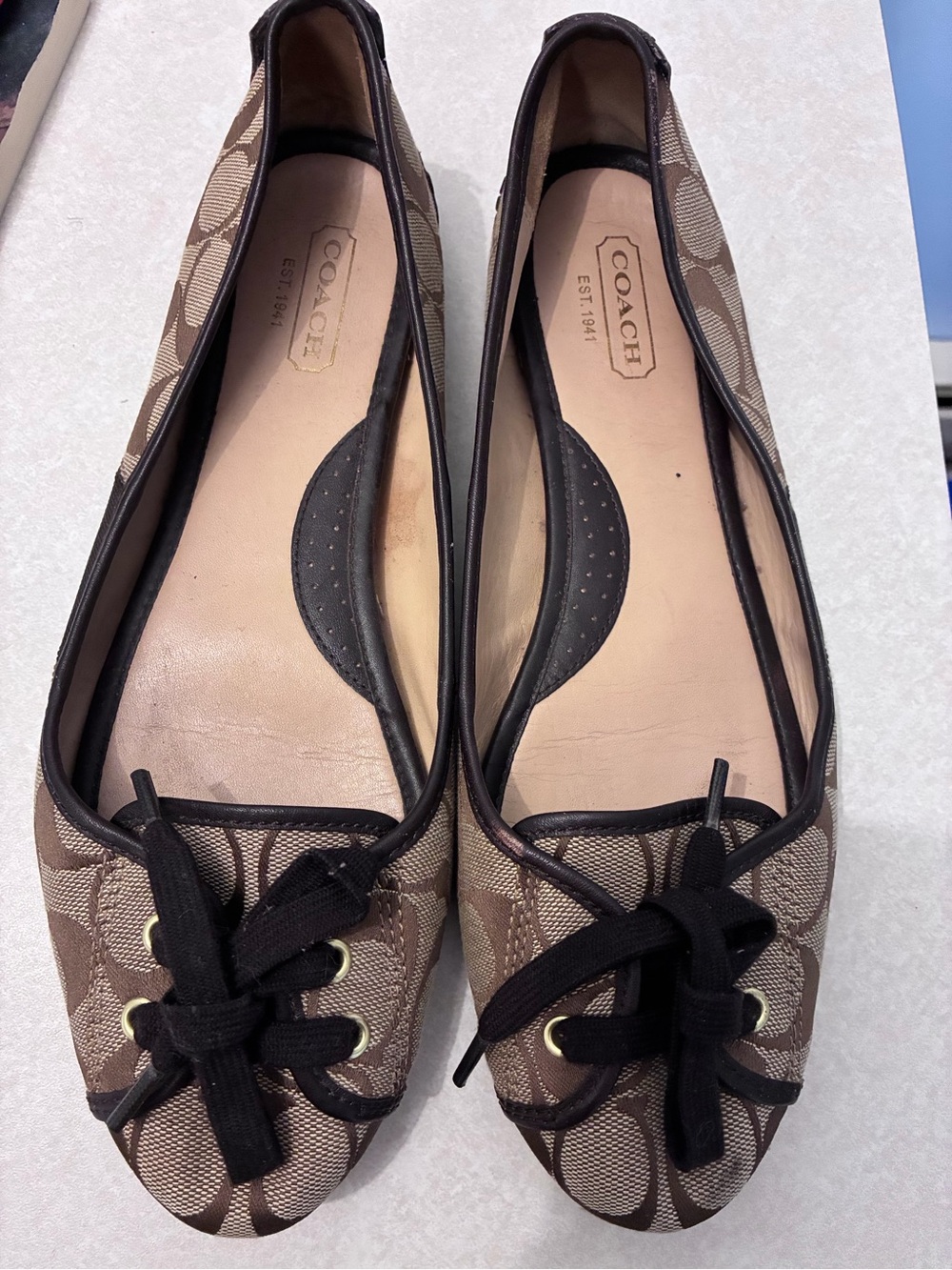 Y2K Coach Tan Signature Canvas Ballet Flats with Black Trim
